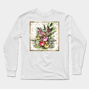 Pretty watercolor and ink roses with a chinese lattice Long Sleeve T-Shirt